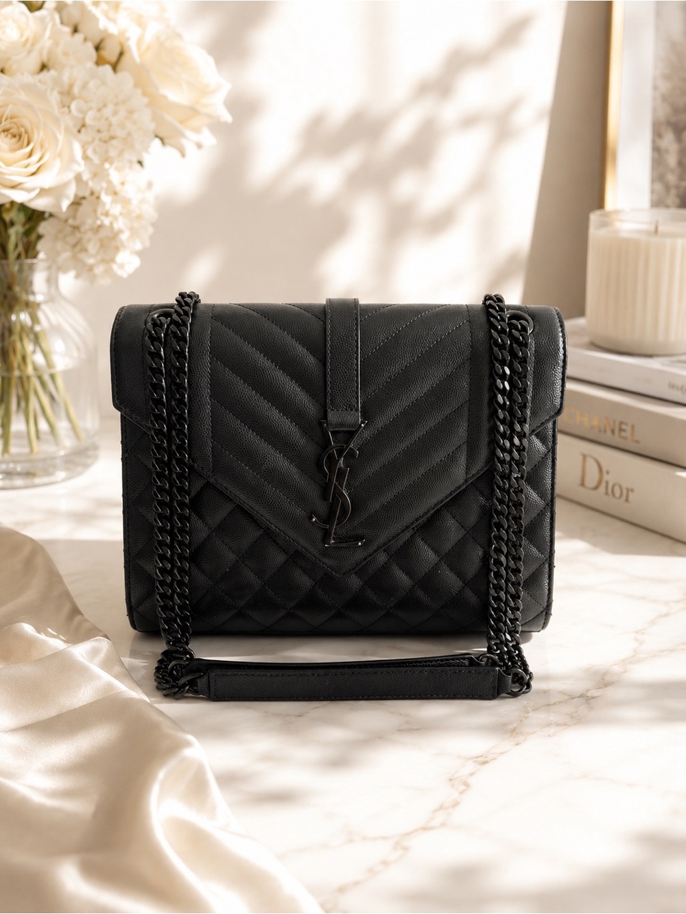 Saint Laurent Envelope Triquilt Medium YSL Shoulder Bag in Grained Leather